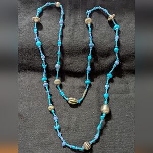 Silver Tone Turquoise Blue Color Beaded Long Statement Necklace